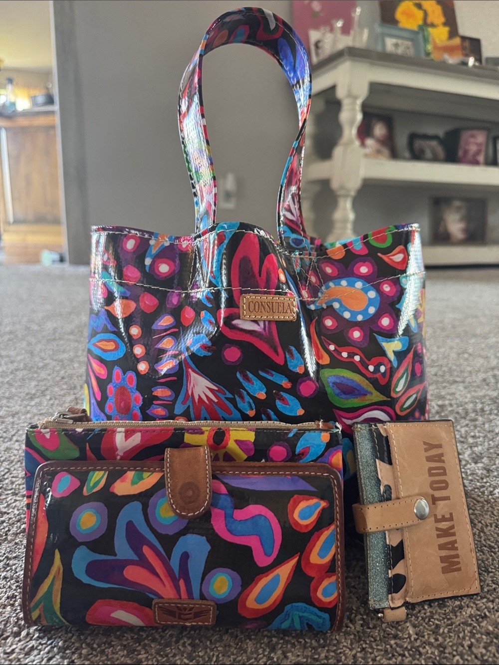 Consuela Black Multicolor Floral Patent Tote with Matching Wallet & Cardholder